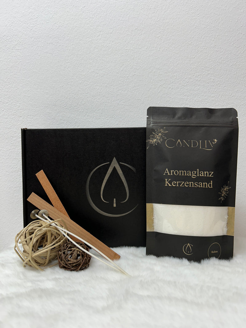 Aromaglanz Kerzensand Kokos von CANDLIV – weißer Duftkerzensand mit Zubehör und Geschenkbox