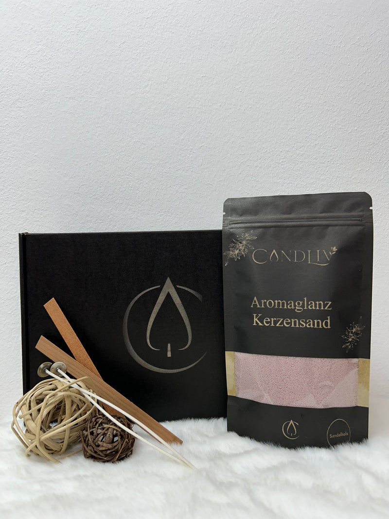 Aromaglanz Kerzensand Sandelholz von CANDLIV – brauner Duftkerzensand mit Zubehör und Geschenkbox