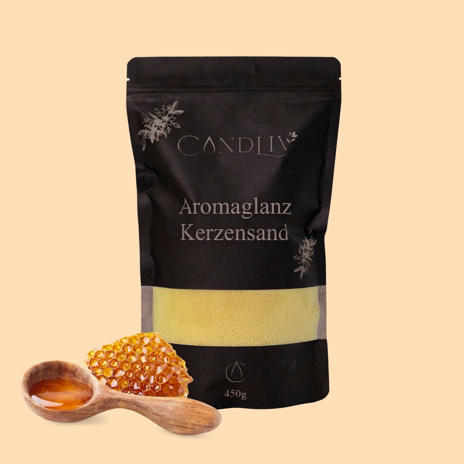 CANDLIV Aromaglanz Kerzensand Honig – honigfarbener Duftkerzensand mit Dochte, 450g