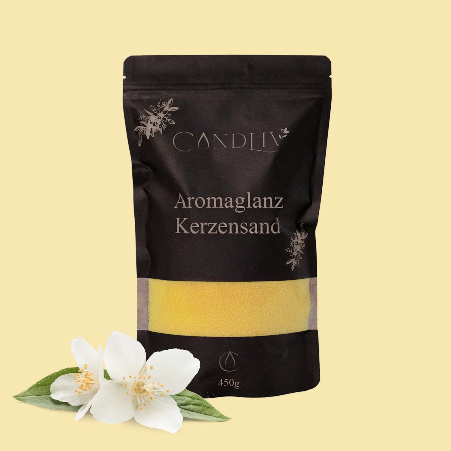 CANDLIV Aromaglanz Kerzensand Jasmin – gelber Duftkerzensand mit Dochte, 450g