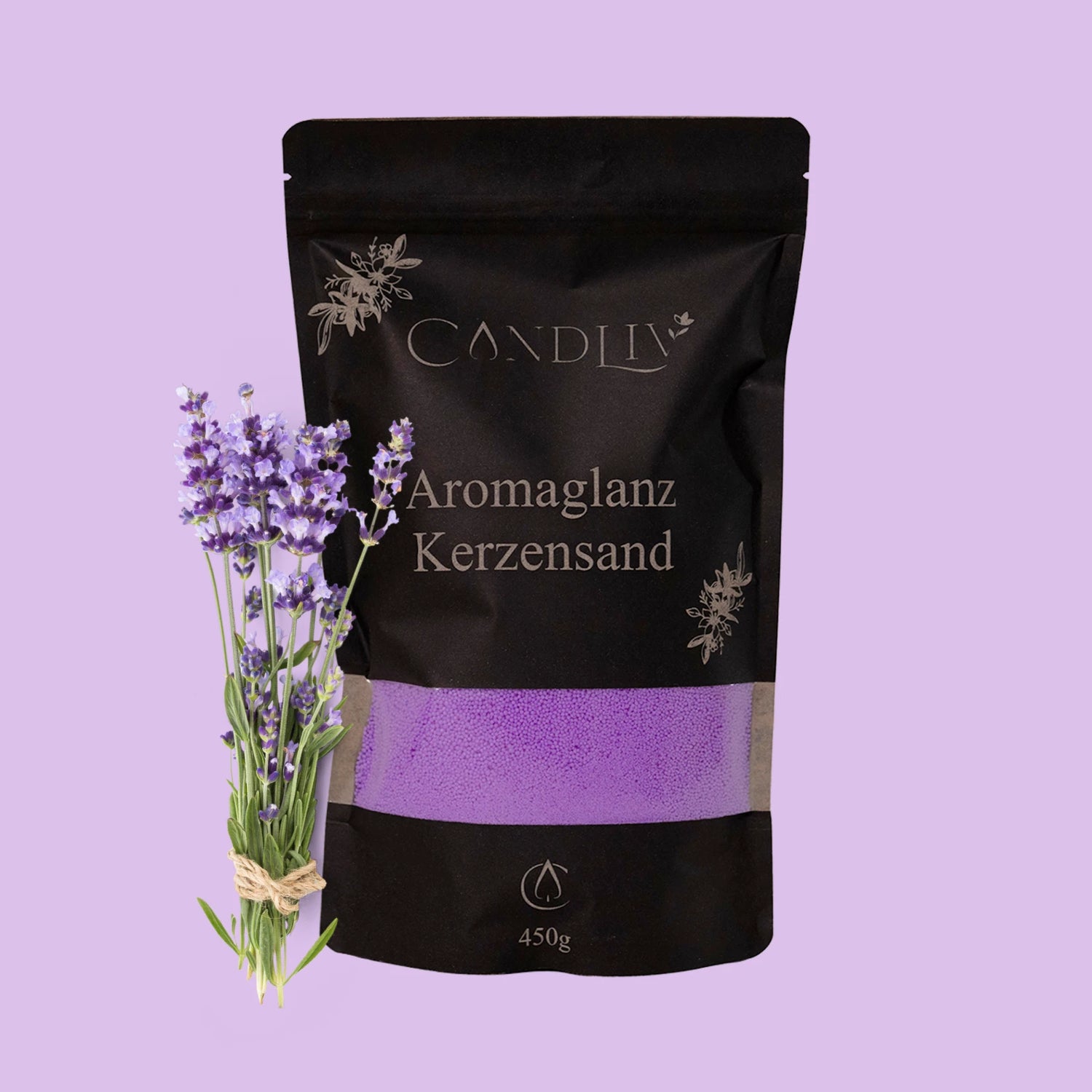 CANDLIV Aromaglanz Kerzensand Lavendel – lila Duftkerzensand mit Dochte, 450g
