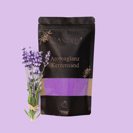 CANDLIV Aromaglanz Kerzensand Lavendel – lila Duftkerzensand mit Dochte, 150g