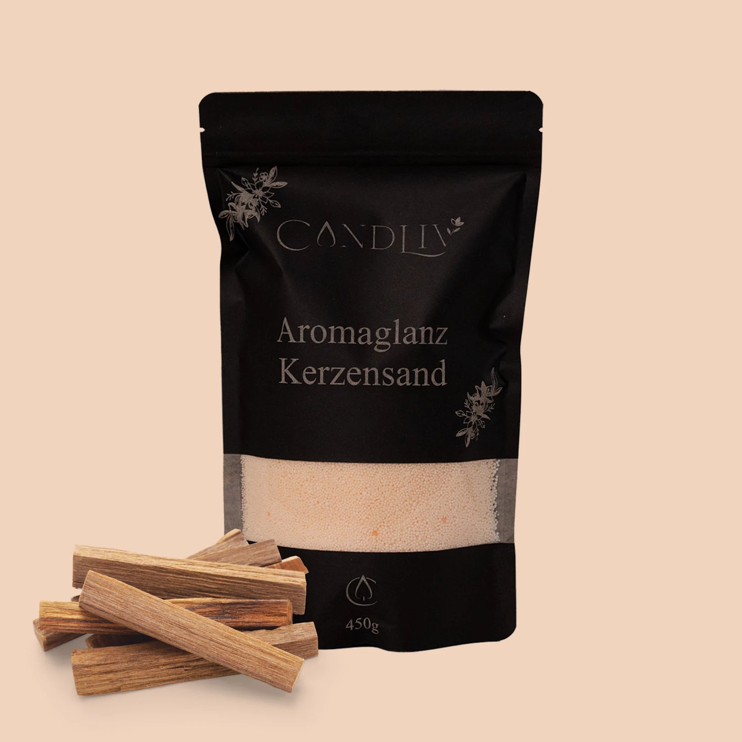 CANDLIV Aromaglanz Kerzensand Sandelholz – brauner Duftkerzensand mit Dochte, 450g