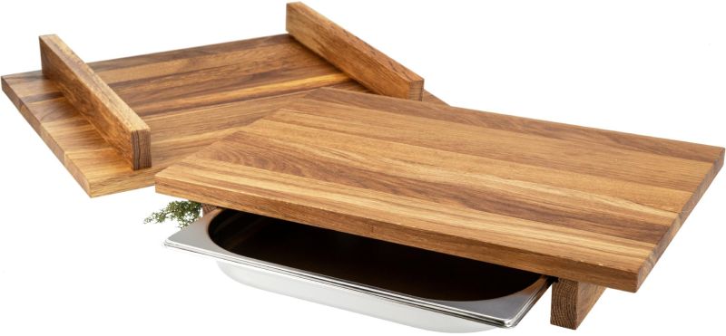 Schneidebrett aus geölter Eiche mit Edelstahl-Auffangschale