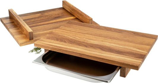 Schneidebrett aus geölter Eiche mit Edelstahl-Auffangschale