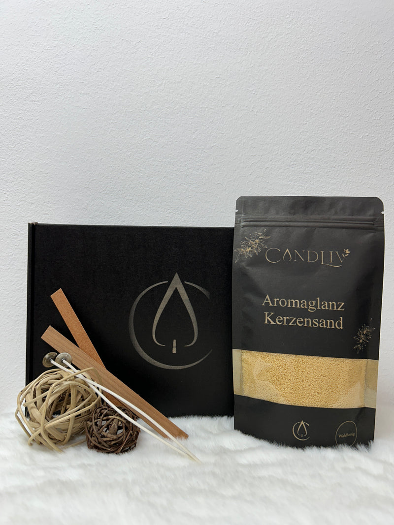 Aromaglanz Kerzensand Waldhonig von CANDLIV – honigfarbener Duftkerzensand mit Zubehör und Geschenkbox
