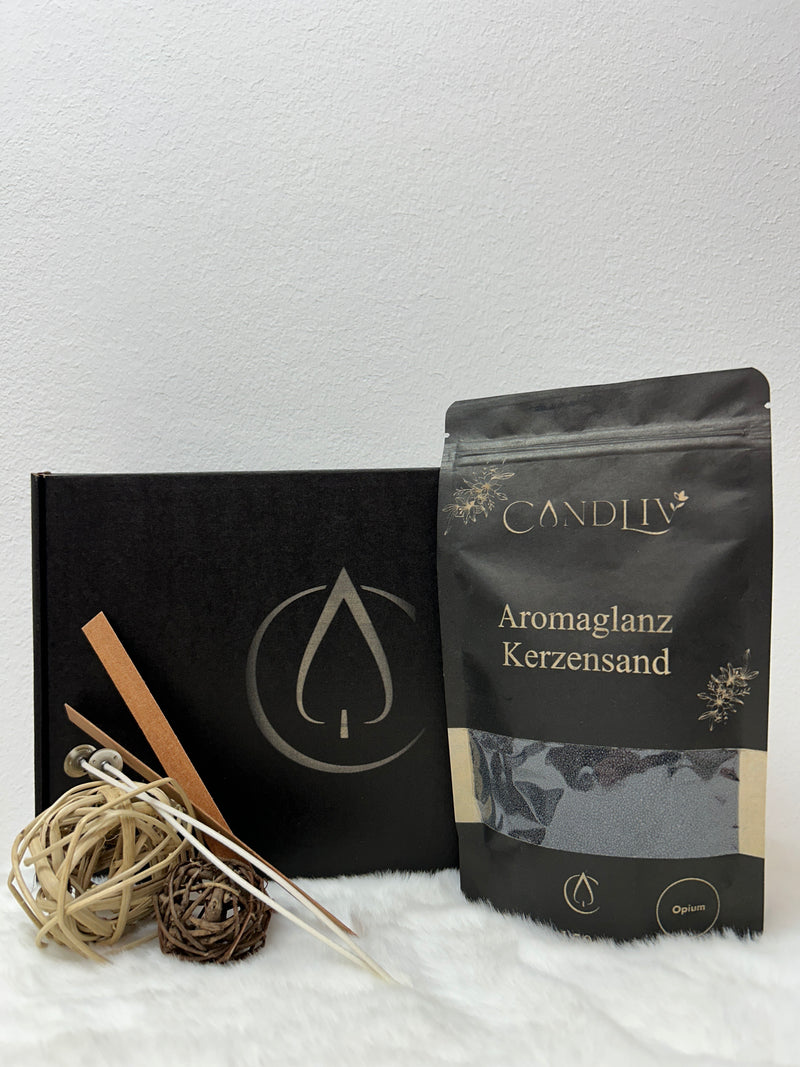 Aromaglanz Kerzensand Opium von CANDLIV – schwarzer Duftkerzensand mit Zubehör und Geschenkbox