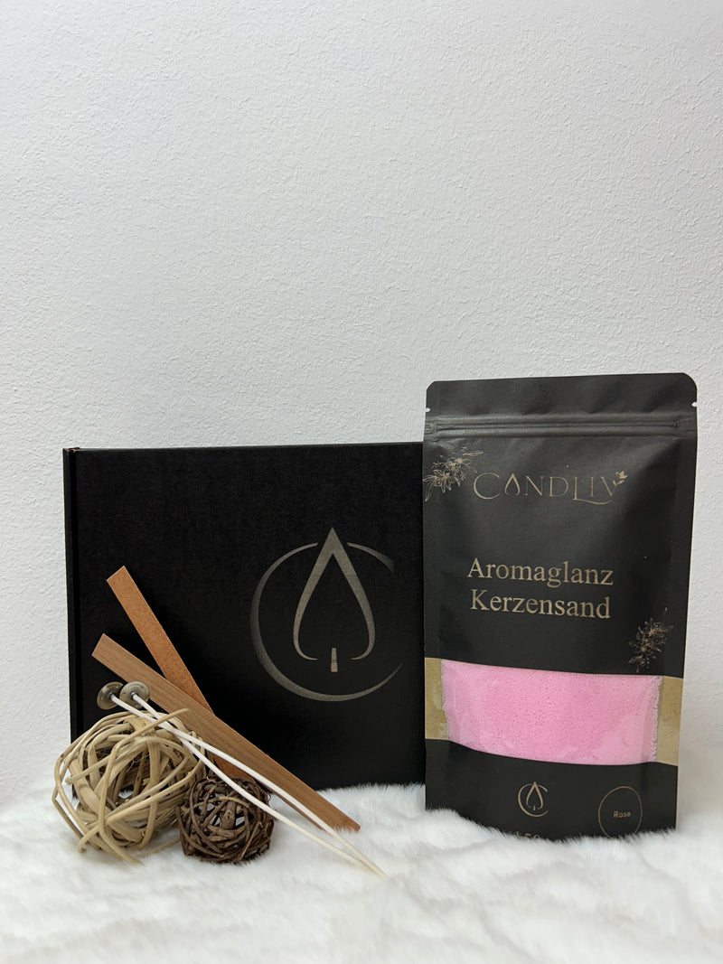 Aromaglanz Kerzensand Rose von CANDLIV – rosa Duftkerzensand mit Zubehör und Geschenkbox