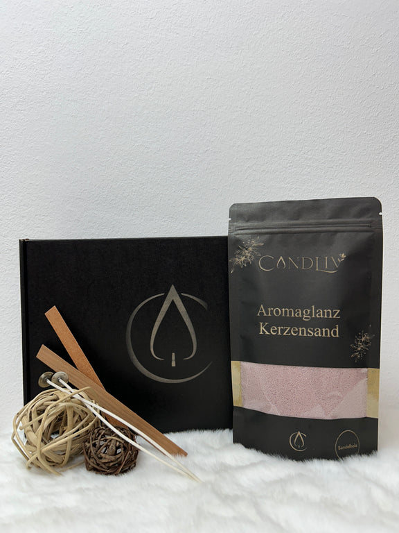 Aromaglanz Kerzensand Sandelholz von CANDLIV – brauner Duftkerzensand mit Zubehör und Geschenkbox
